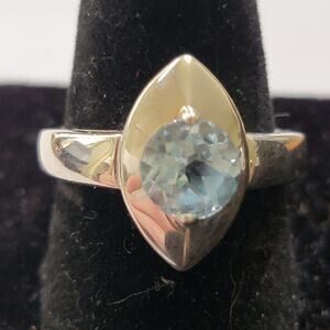 Vintage Sterling Silver Marquise Navette Ring with Sky Blue Stone US Size 8 Band